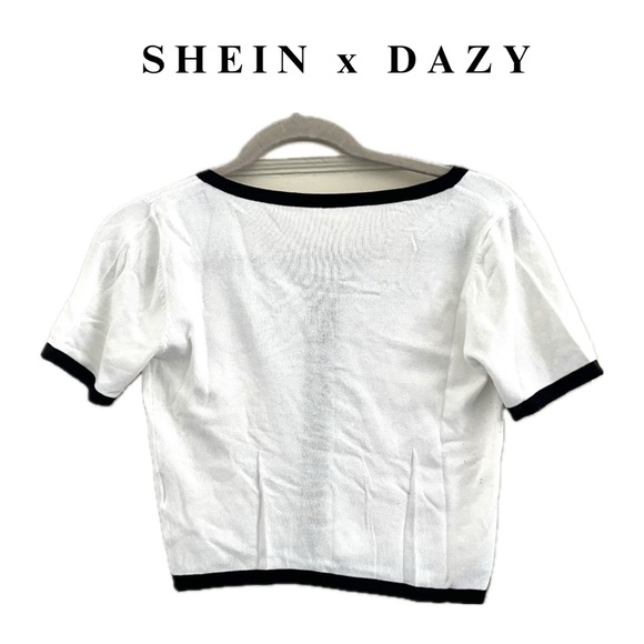 dazy • white & black short sleeve button-up cropped top with front pocket - Picture 5 of 14